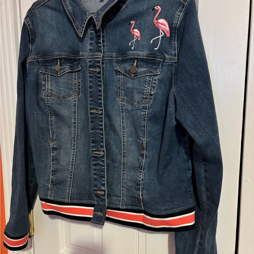 Crown & Ivy Denim Jacket with Pink Flamingo Embroidery XL